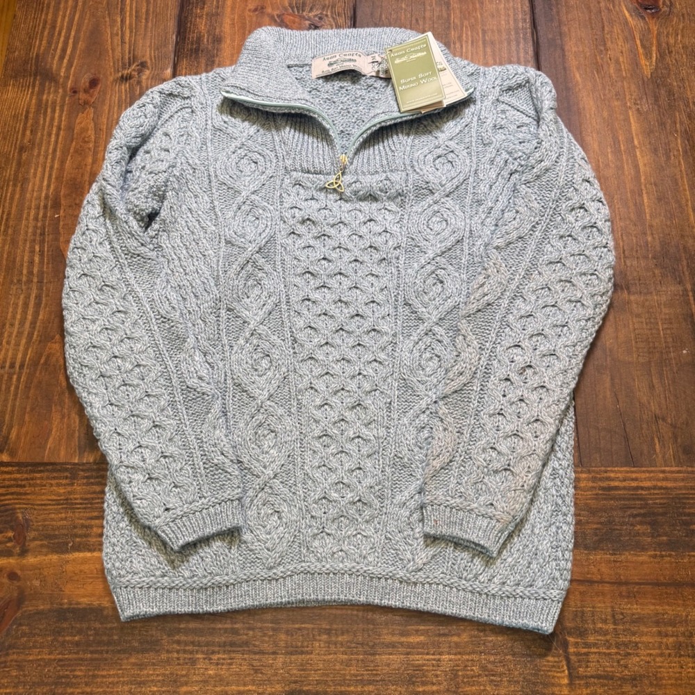 Aran Crafts Headford Half Zip Sweater Mermaid Blue‎ 100% Merino Wool Ireland M